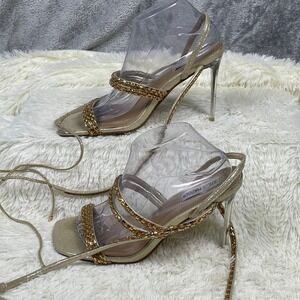 Steve Madden BILEEZ Sandals Womens 9 Gold Excellent Crystal Lace-Up Stiletto